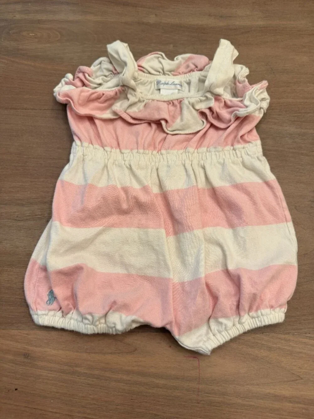 Ralph Lauren Pink & White Striped Ruffle Bubble Romper 9M